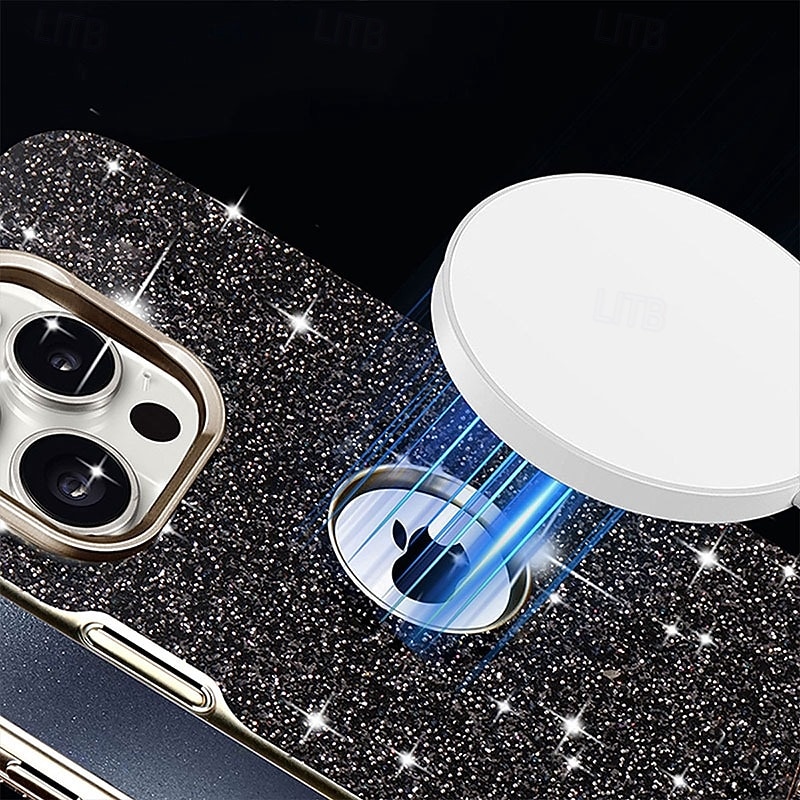 Phone Case For iPhone 16 15 14 Pro Max Plus 13 Pro Max Back Cover Support Wireless Charging Bling Glitter Shiny Shockproof Retro TPU PC2