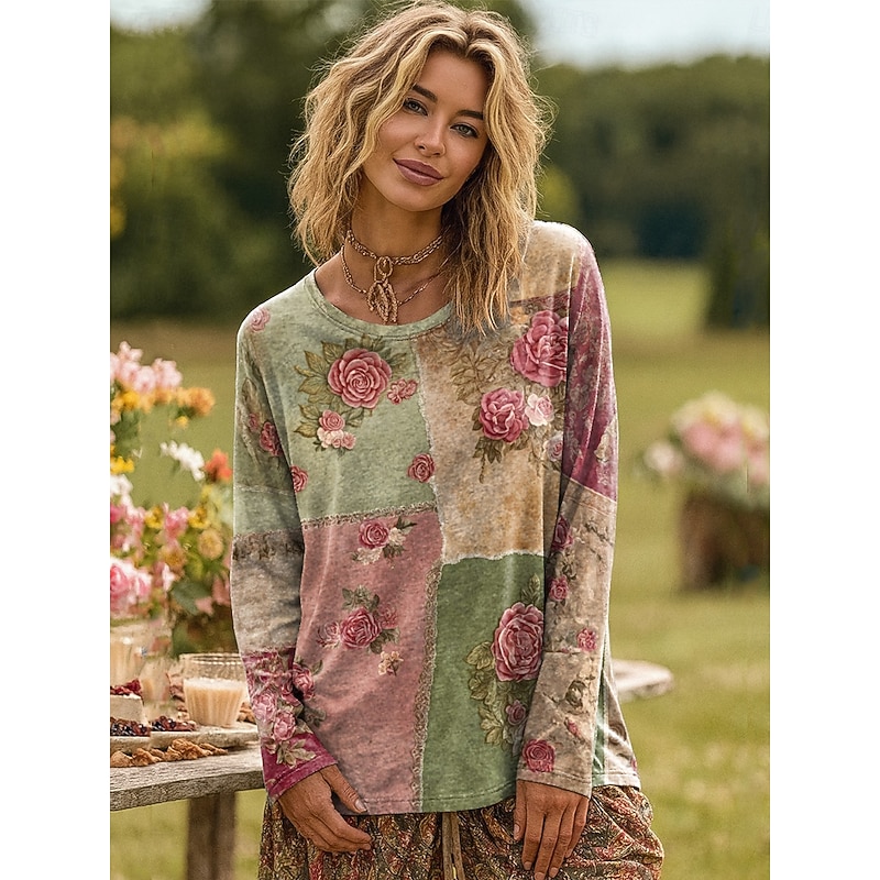 Women's Plus Size T Shirt Floral Color Gradient Oil painting flowers Basic Long Sleeve Crew Neck Regular Tops Daily Going out Weekend Print Pink Red Blue Purple Green Spring Fall Prefall4