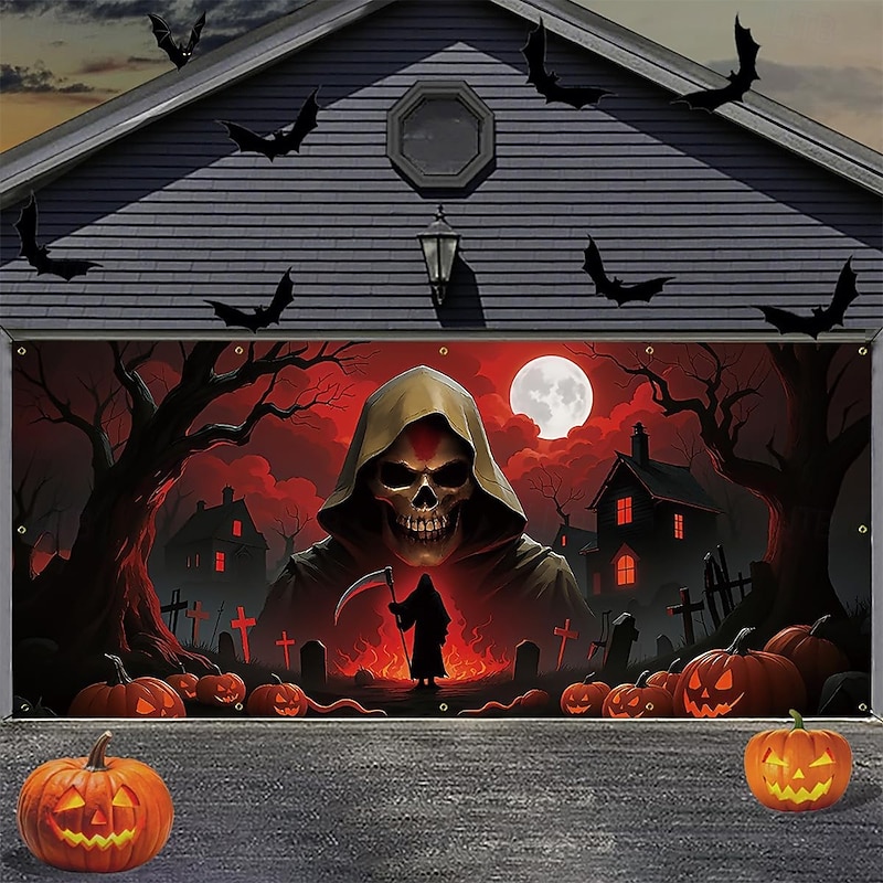 Halloween Garage Door Cover Large Hanging Backdrop Grim Reaper 3D Dark Punk Gothic Style Party Outdoor Shooting Backgrounds Yard Haunted House Home Decor