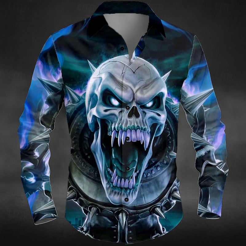 Halloween Men's Skull Neon Glow Halloween Costumes Shirt Button Up Shirt Long Sleeve Dark Punk Gothic Style Outdoor Holiday Summer Spring Turndown 3D Print Collared Shirts Red Blue Green2