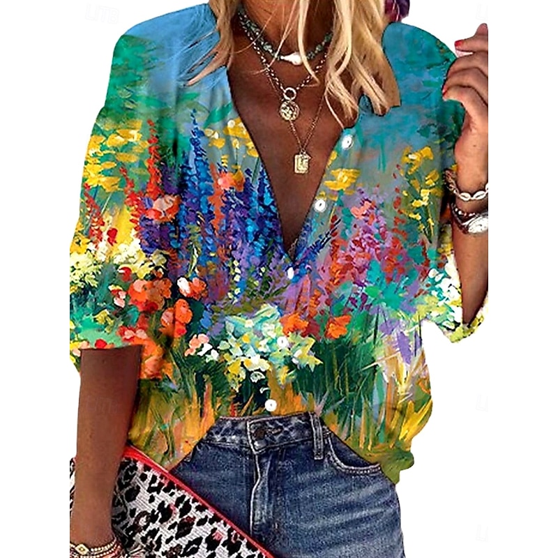 Women's Shirt Button Down Blouse Ombre Floral Graphic Bohemia Vintage Daily 3/4 Length Sleeve V Neck Regular Tops Daily Holiday Beach Wear Print Purple Green Rose Pink Summer Spring Fall2