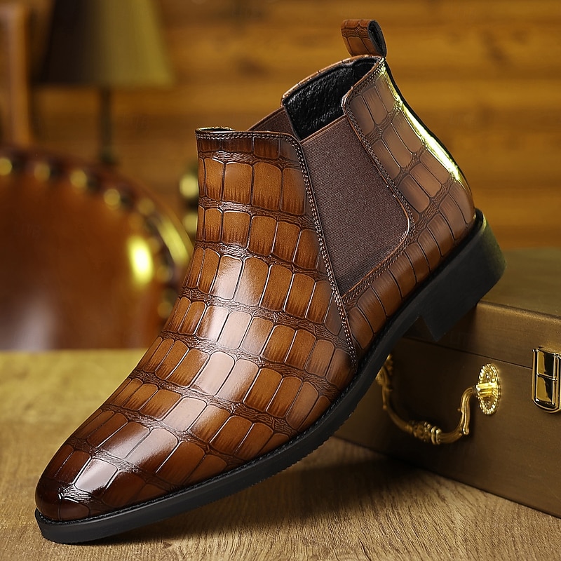 Men's Brown Crocodile Embossed  Chelsea Boots – Elegant Slip-On Dress Shoes for Office, Dinner Parties and Formal Occasions4