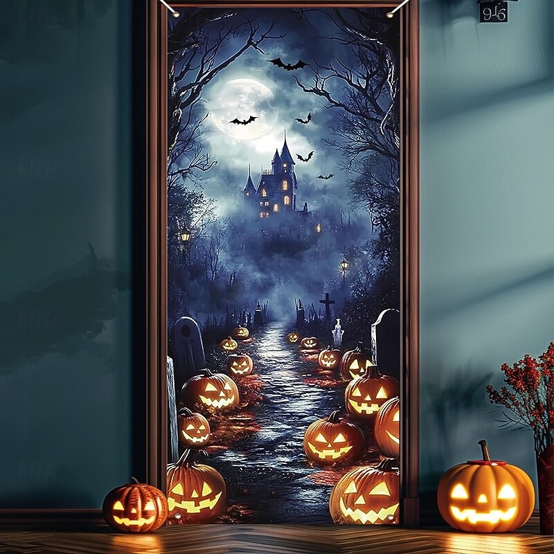 Halloween Door Decorations Halloween Door Covers Door Tapestry Pumpkins Forest Door Curtain Decoration Backdrop Door Banner for Front Door Farmhouse Holiday Party Decor Supplies 6
