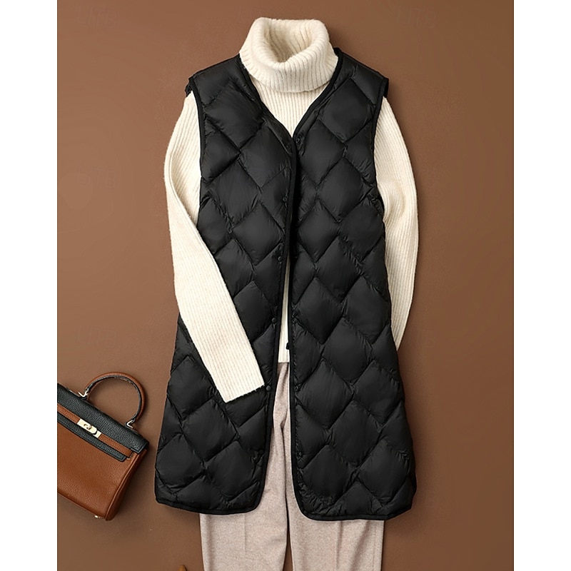 Women's Down Jacket Vest Warm Comfortable Pocket Buttons Casual Plain Outdoor Vacation Going out Casual Daily Single Breasted Long V Neck Regular Fit Sleeveless Outerwear Black Dark Green Khaki Fall4