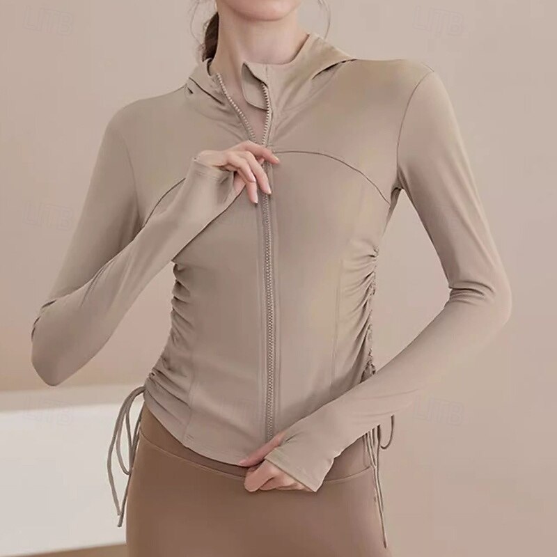 Women's Workout Jacket Stretchy Drawstring Long Sleeve Sports Solid Color Top For Gym Zumba Running Slim Activewear3