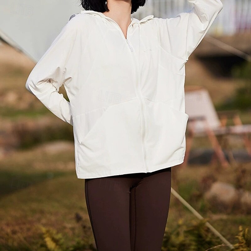 Women's Casual Jacket Sun Protection Comfortable Zipper Pocket Fashion Outdoor Plain Going out Weekend Zipper Regular Hooded Regular Fit Long Sleeve Outerwear Black White Pink Summer3