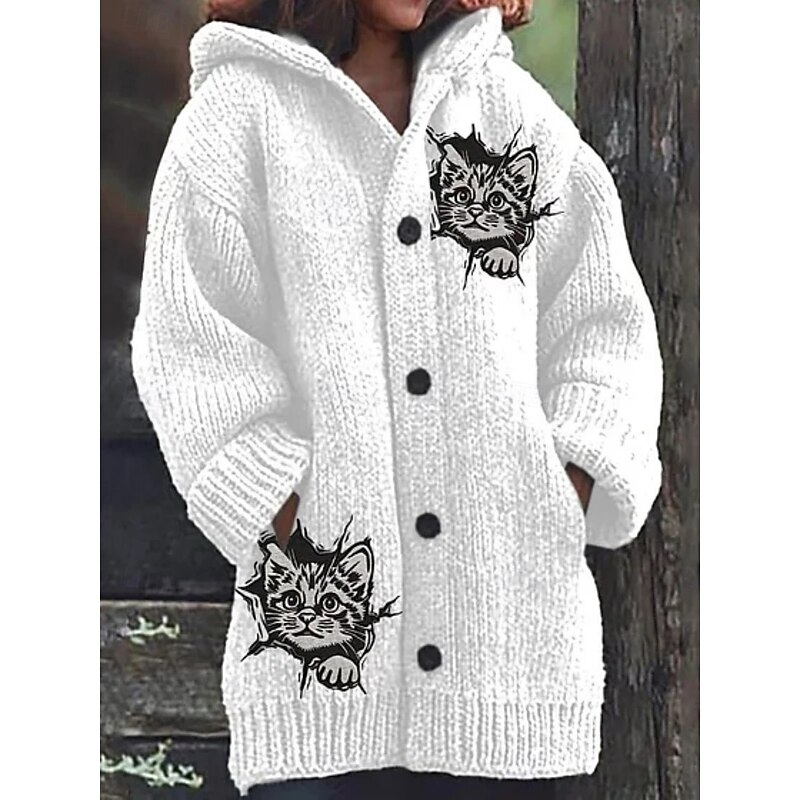 Women's Cardigan Vacation Daily Animal Ribbed Hooded Knitted Print Front Pocket Long Sleeve Regular Tops Knit Outdoor Daily Holiday White Yellow Fall Winter