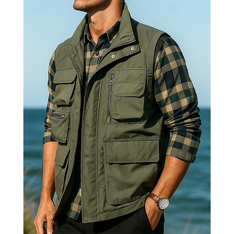 Men's Fishing Vest Hiking Vest Sleeveless Vest Outdoor Lightweight Breathable Zipper Multiple Pockets Nylon Black Army Green Navy Blue Hunting Fishing Climbing3