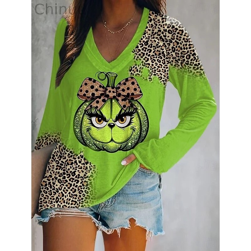 Halloween Women's T shirt Pumpkin Long Sleeve Graphic Animal Vintage Stylish Western Long Sleeve V Neck Regular Tops Daily Weekend Vacation Wear Print Blue Orange Green Spring Fall Witch Prefall2