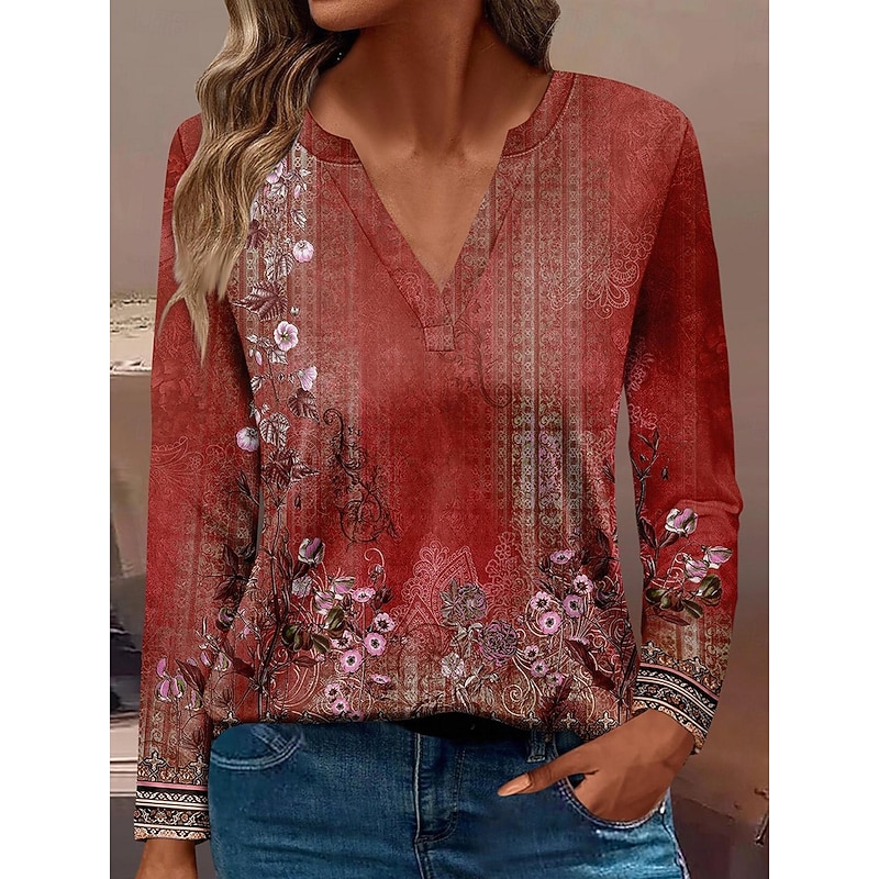 Women's T Shirt Floral Casual Long Sleeve Notched Neck Regular Tops Daily Buttons Print Red Blue Purple Green Spring Fall2