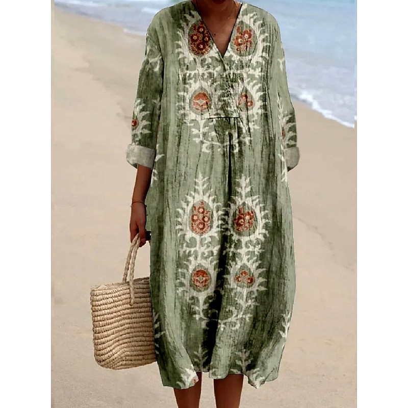 Women's Midi Dress Sundress A Line Dress Vacation Casual Boho Party Holiday Beach Loose Fit Floral Graphic Long Sleeve V Neck Sage Green Dusty Blue Brown Summer Spring Fall