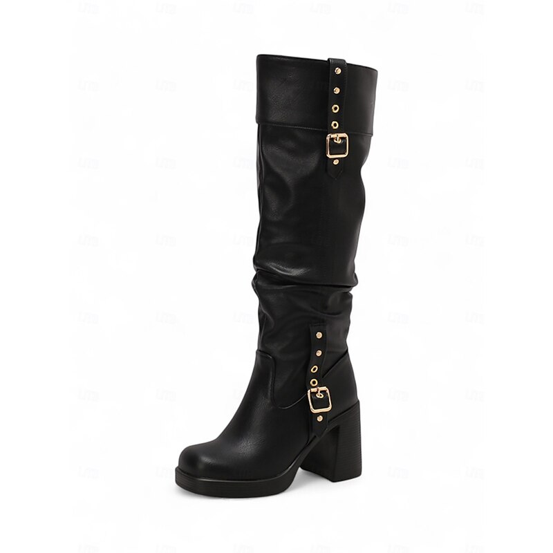 Women's Black Faux Leather Slouch Knee-High Boots with Buckle Straps and Block Heels - Trendy Fall Winter Slouch Boots for Daily Wear, Street Style and Casual Outfits4