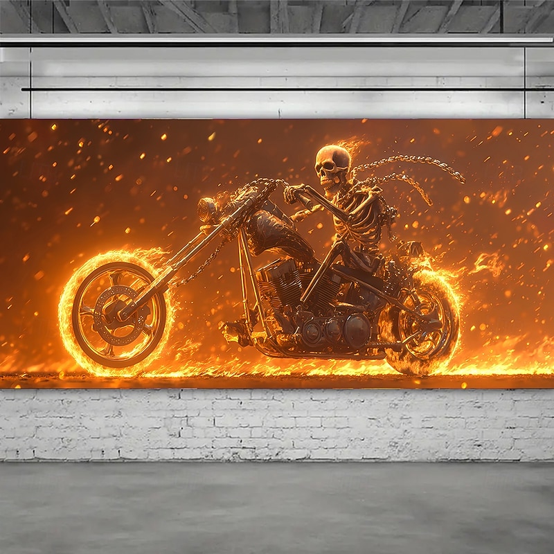 Halloween Garage Door Cover Large Hanging Backdrop Skeleton Flame Dark Punk Gothic Style Party Outdoor Shooting Backgrounds Yard Haunted House Home Decor4