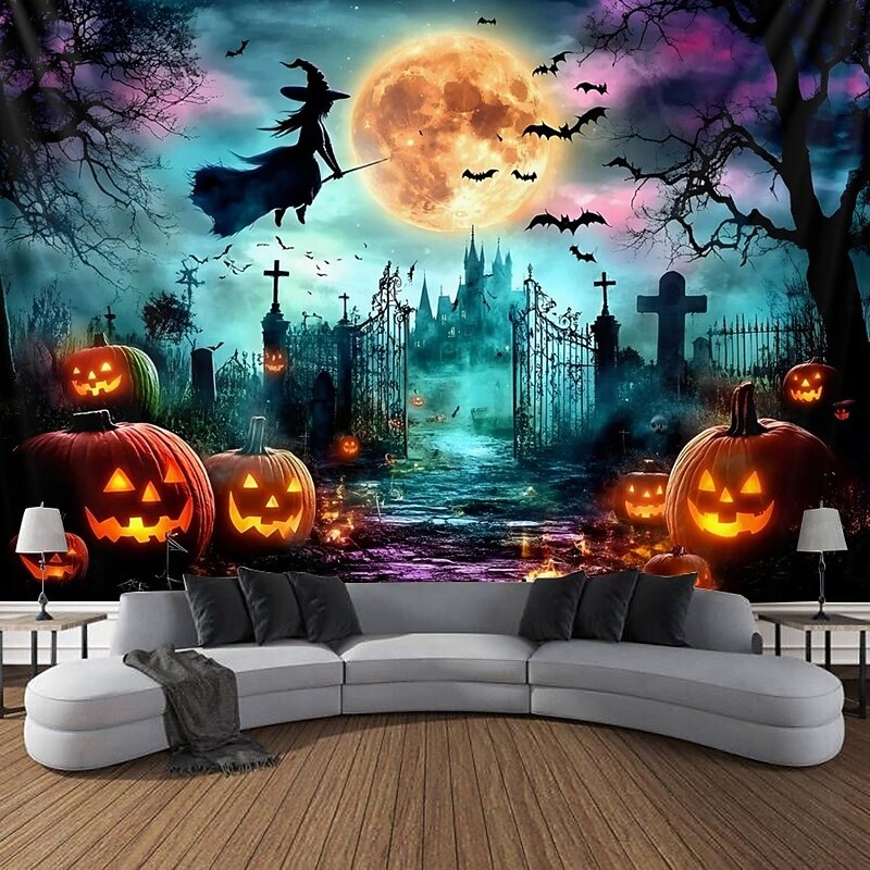 Halloween Hanging Tapestry Photograph Backdrop Jack O Lantern Wall Art Large Tapestry Mural Decor Blanket Curtain Home Bedroom Living Room Decoration Death Selfie3