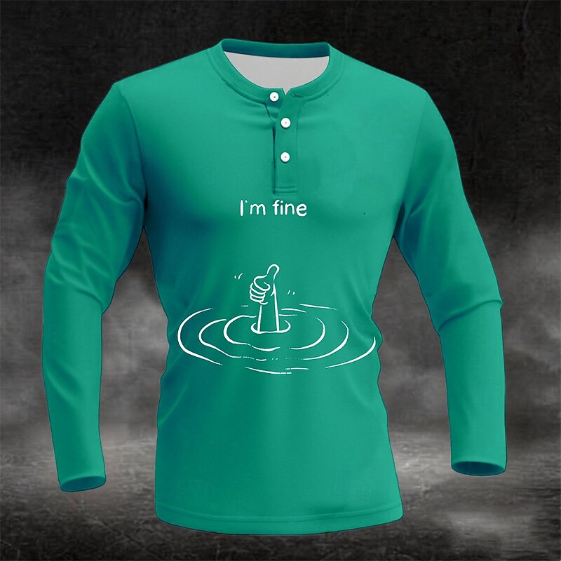 Men's Long Sleeve Henley Shirt: Sarcastic "I'm Fine" Drowning Thumbs Up Graphic Tee, Lifestyle Humor2