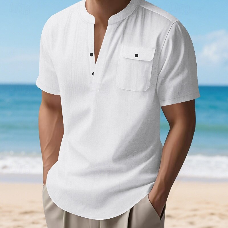 Men's Shirt Linen Shirt Casual Shirt Button Up Shirt Cotton Shirt Plain Vacation Street Black White Khaki Light Blue Short Sleeve Band Collar Summer Clothing Apparel Pocket2