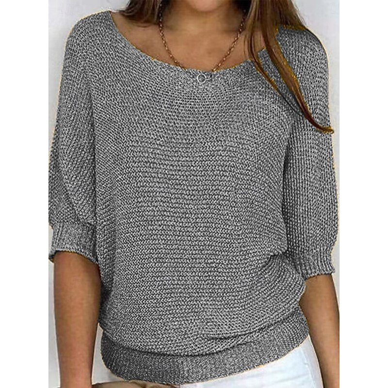 Women's Sweater Pullover Daily Stylish Casual Solid Color Ribbed Crew Neck Knitted 3/4 Length Sleeve Regular Tops Knit Outdoor Daily Black White Summer Spring