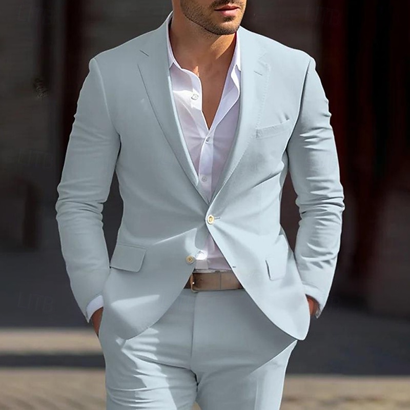 Men's Blazer Business Cocktail Party Wedding Party Fashion Casual Spring Fall Polyester Plain Pocket Buttons Comfortable Single Breasted Blazer Black White Light Blue - Main Image