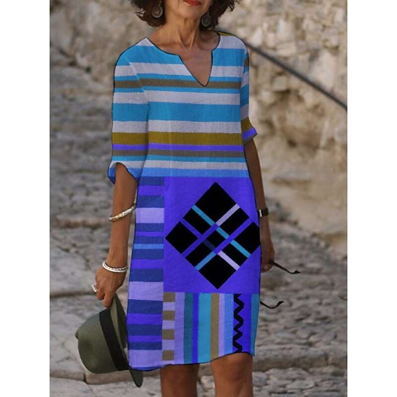 Women's Midi Dress Casual Dress Print Dress Vintage Daily Beach Weekend Regular Fit Geometric Color Block 3/4 Length Sleeve Crew Neck Yellow Purple Fuchsia Orange Summer Spring Fall Autumn2