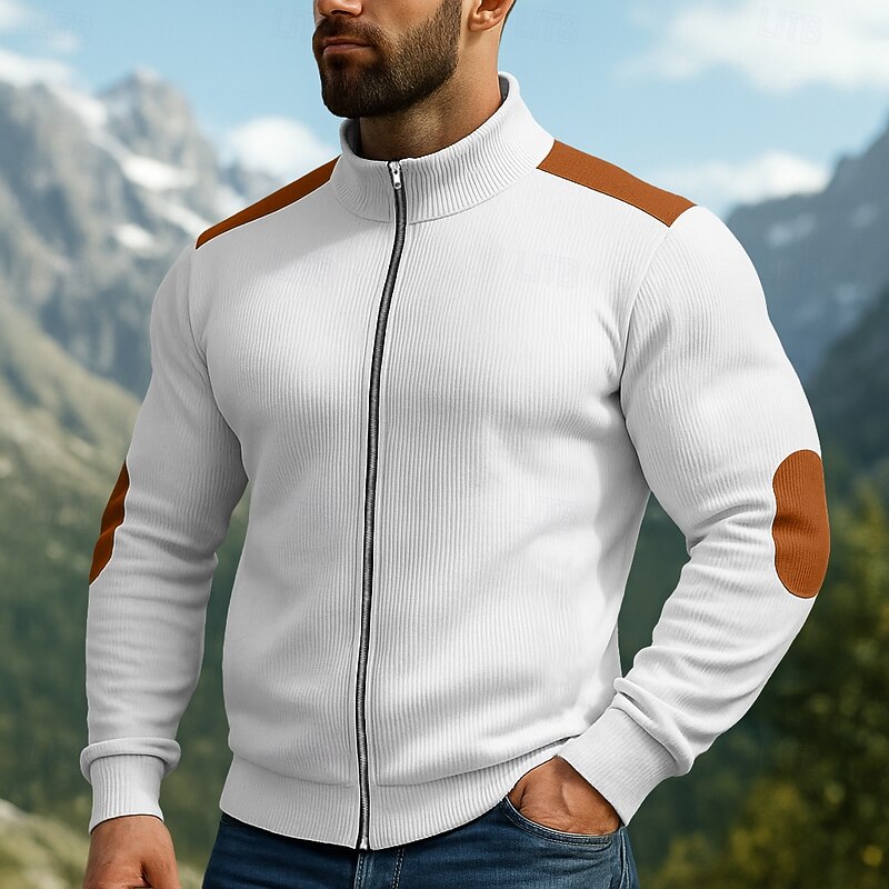 Men's Sweatshirt Corduroy Pullover Hoodie Sweatshirt Pullover Full Zip Sweatshirt Apricot Black White Navy Blue Coffee Standing Collar Plain Patchwork Sports & Outdoor Casual Daily Streetwear Cool2