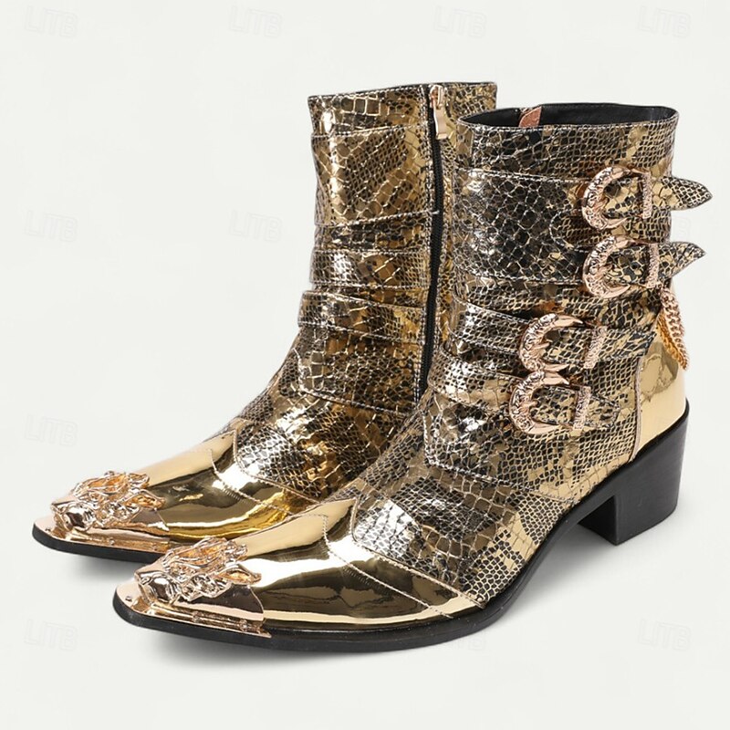 Men's Gold Crocodile-Pattern Ankle Boots – Rocker Style Western Boots with Buckles for Parties, Concerts and Nightlife Fashion2