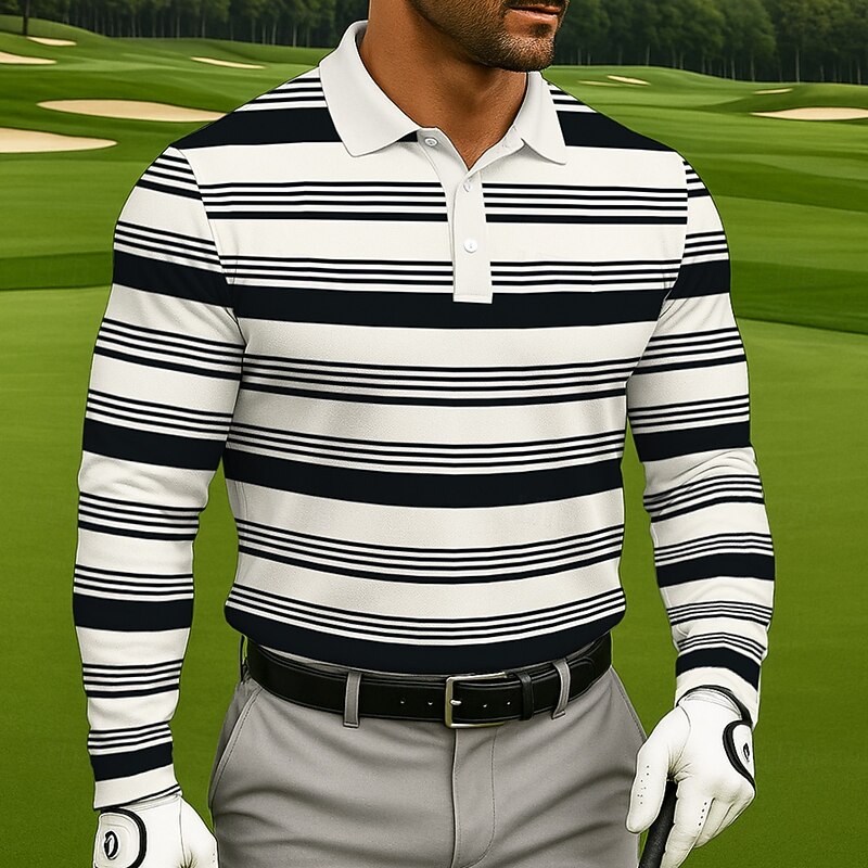 Men's Striped Geometic Rugby Polo Long Sleeve Polo Shirts Lapel Business Casual Athleisure Daily Wear 3D Print Buttons Spring Fall Winter Black White
