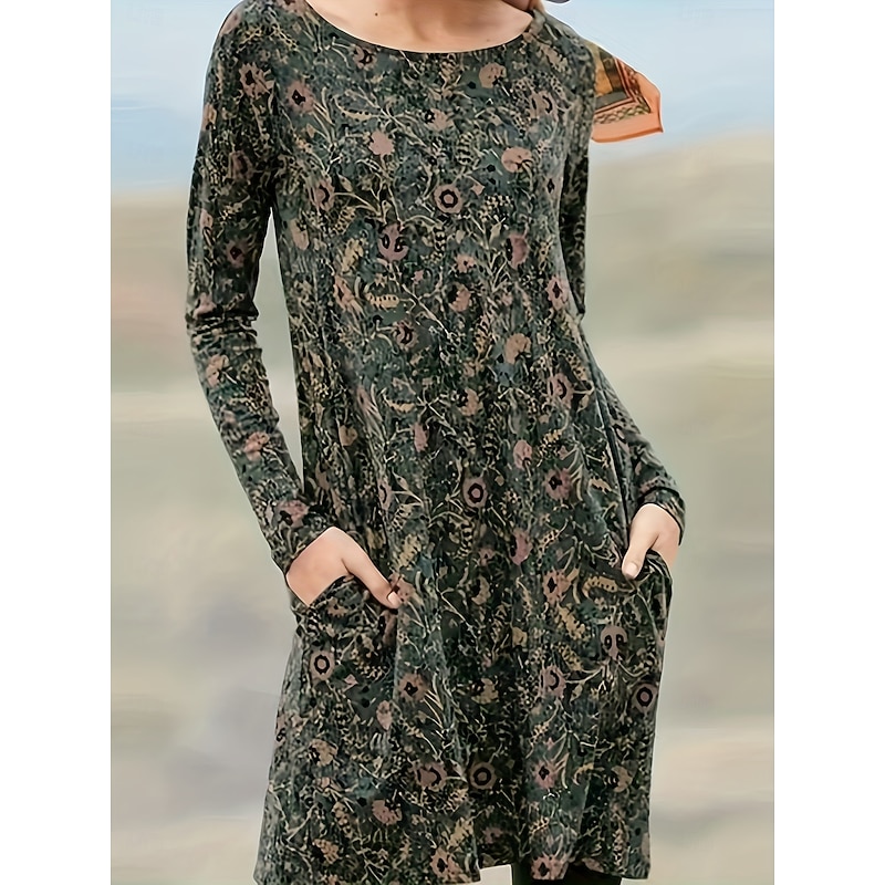 Women's Knee Length Dress Casual Dress T Shirt Dress Tee Dress A Line Dress Vacation Casual Date Regular Fit Floral Graphic Paisley Long Sleeve Crew Neck Blue Brown Green Spring Fall Winter2