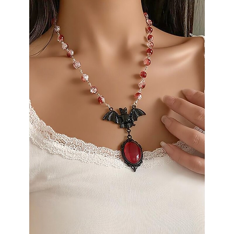 Women's Halloween Gothic Bat Necklace with Red Gem Pendant, Vintage Vampire Choker Jewelry for Costume Parties and Cosplay