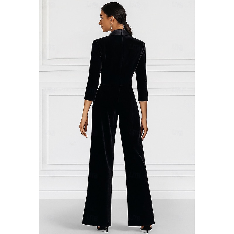 Women's 2 Pieces Suits Formal Wedding Guest Velvet Elegant Minimalist 3/4 Sleeve Pleated Floor Length Peak Lapel Double Breasted2