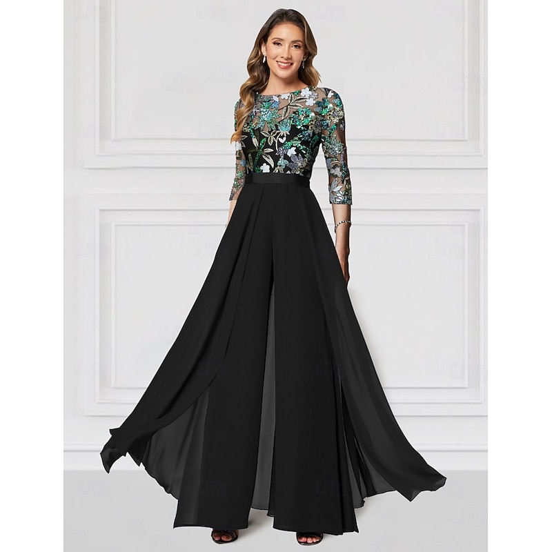 Floral Jumpsuit Embroidered Mother of the Bride  Formal Wedding Elegant Vintage Illusion Neck Floor Length Chiffon Half Sleeve with Sequin  Race Day Dress2