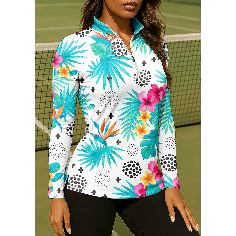 Women's Floral Spot Tops Shirt Sport Shirt Golf Polo Shirt Long Sleeve Zipper Floral UPF50+ UV Resistant High Elasticity Moisture Wicking Breathable Volleyball Tennis Golf High Neck Stand Collar