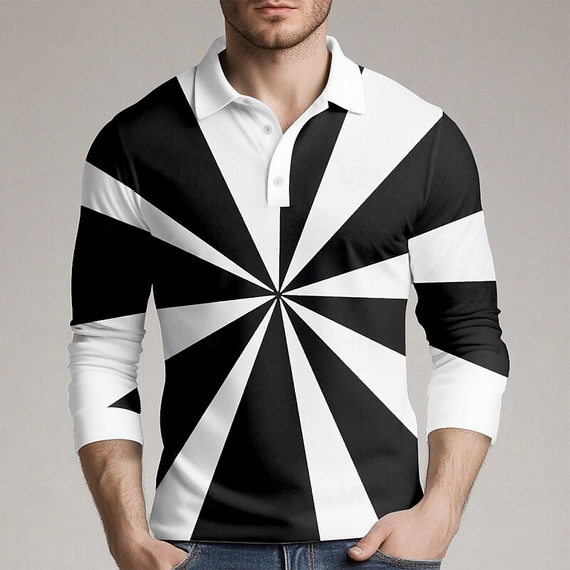 Men's Geometic Polo Long Sleeve Polo Shirts Collared Shirts Casual Outdoor Athleisure 3D Print Spring Fall Winter Blue Brown Army Green