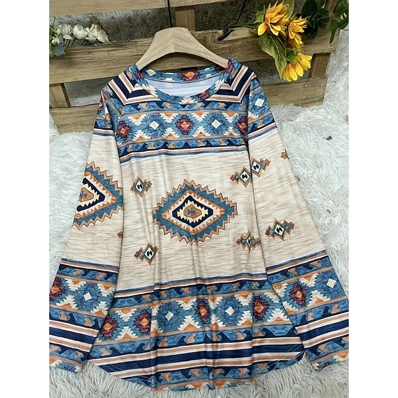 Women's T Shirt Graphic Tribal Vintage Stylish Casual Long Sleeve Crew Neck Long Tops Daily Going out Weekend Print Blue Brown off-white Spring Fall2