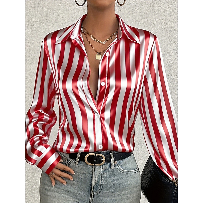 Women's Shirt Dressy Tops Formal Work Shirt Graphic Striped Elegant Stylish Casual Long Sleeve Collar Regular Tops Work Daily Black Red Brown Spring Fall Winter