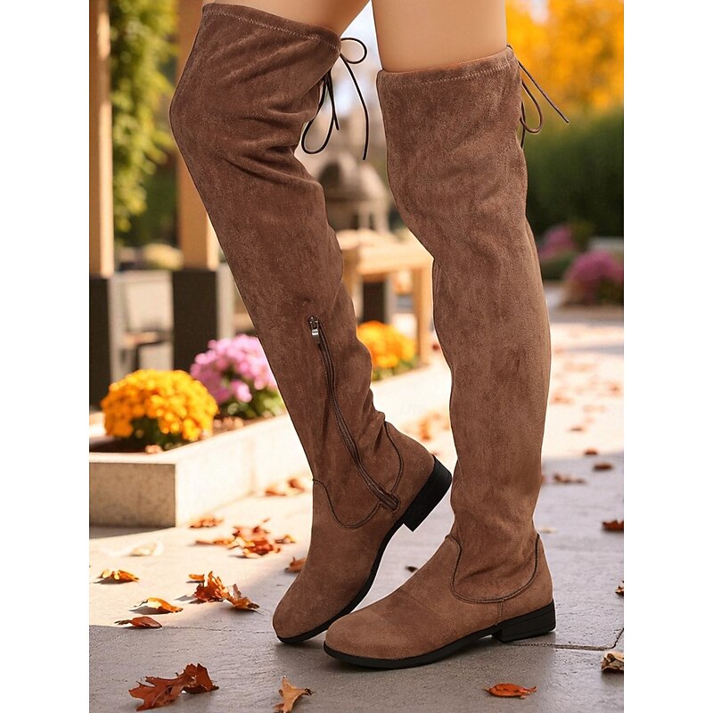 Women's Black Over the Knee Boots – Suede Flat Thigh High Boots with Side Zipper and Tie Back, Casual Fall Winter Shoes for Walking, Travel and Daily Wear3