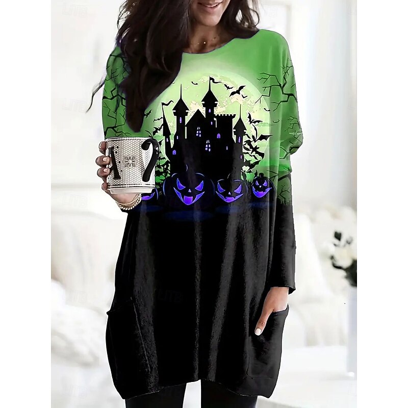 Halloween Women's T shirt Witch Graphic Pumpkin Fashion Long Sleeve Crew Neck Round Neck Long Tops Daily Going out Weekend Pocket Print Blue Purple Green Gray Spring Fall3