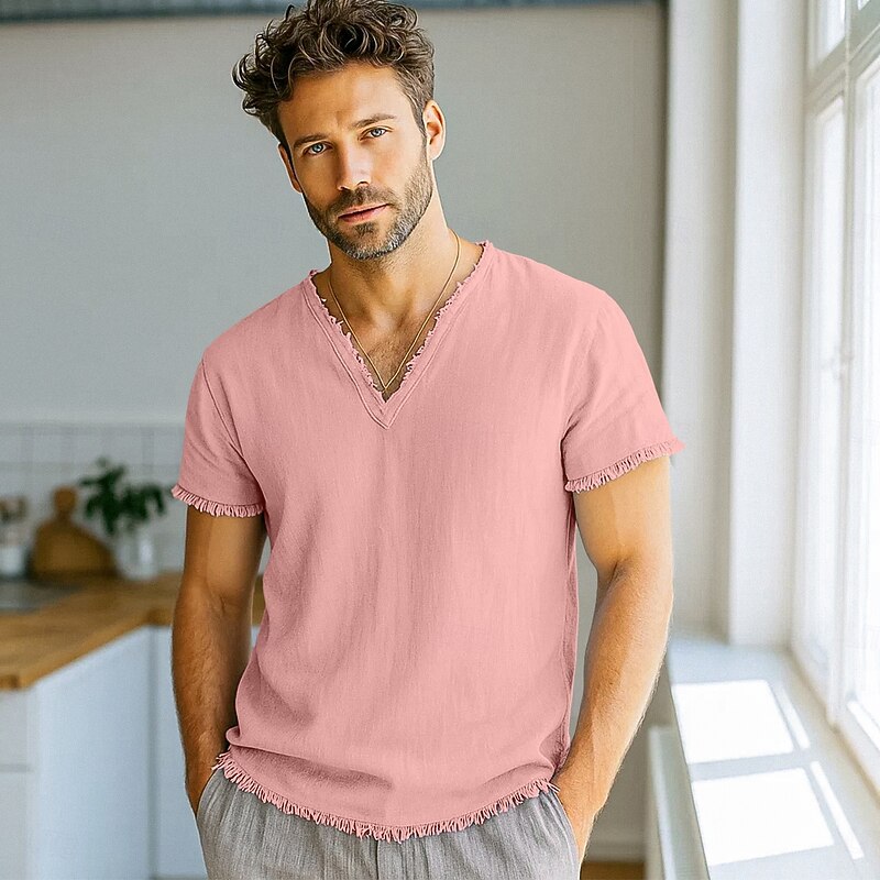 Men's Tee Top Linen T-Shirt Short Sleeves V Neck Summer Spring Solid Color Plain Fashion Designer Basic Soft Vacation Casual Casual Daily White Pink Burgundy Top Tee for Men2