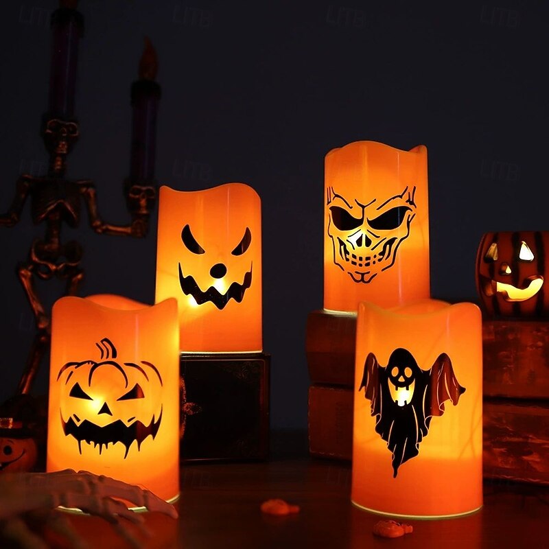 2PCS Halloween LED Electronic Candle Lamp Skull Ghost Pattern Night Light Halloween Arrangement Decorative Pumpkin Lantern