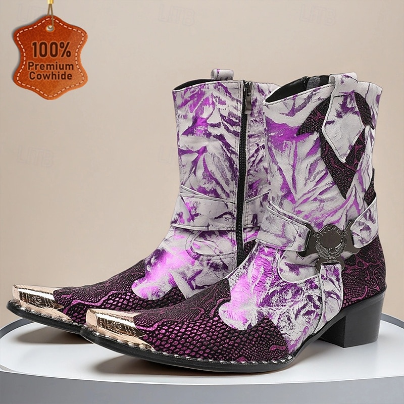 Men's Purple Floral Pointed Toe Ankle Boots – Leather Western Style Party Shoes for Nightlife, Stage Performance and Festivals
