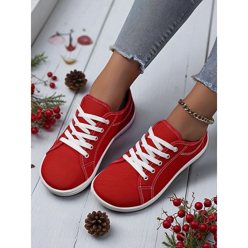 Women's Red Wide Fit Canvas Lace-Up Sneakers – Lightweight Casual Walking Shoes, Breathable Streetwear & Travel Footwear2