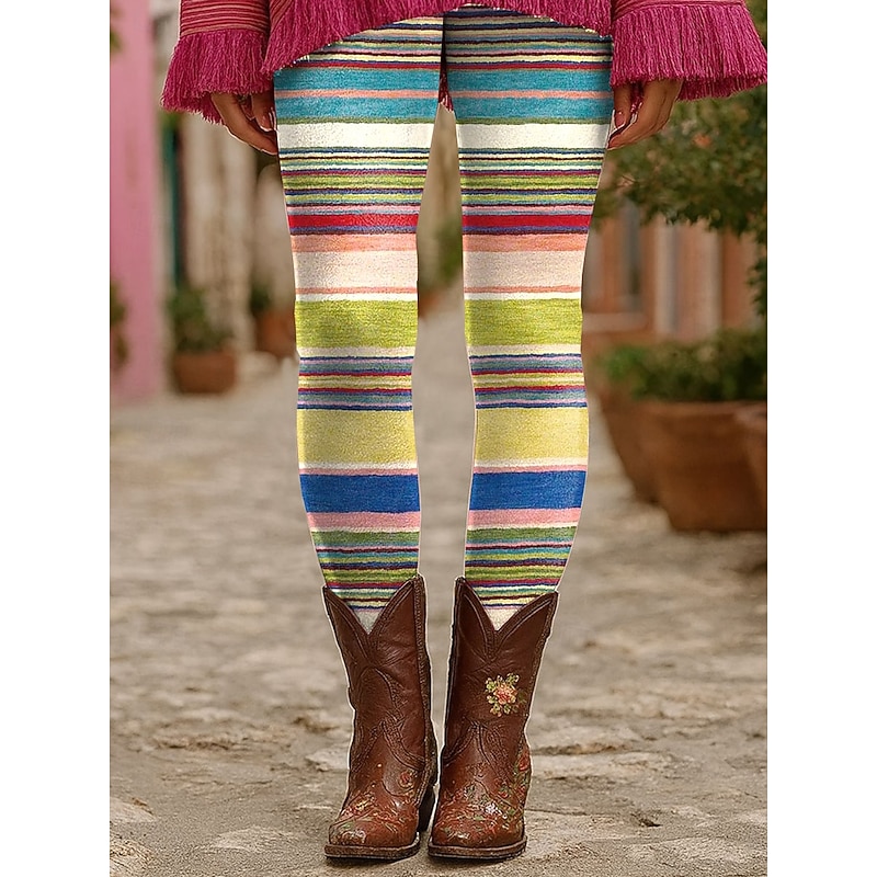 Women's Leggings Vacation Vintage Fashion Ankle-Length High Waist Graphic Striped Stripe Printing Thermal Warm Soft Breathable Stretchy Outdoor Vacation Street Yellow Pink Blue Purple Spring Fall