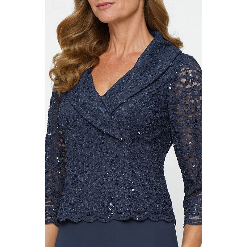 A-Line Mother of the Bride Dress Portrait Collar Elegant Simple Minimalist V Neck Floor Length Chiffon Sequin Lace 3/4 Length Sleeve with Scalloped Hem2