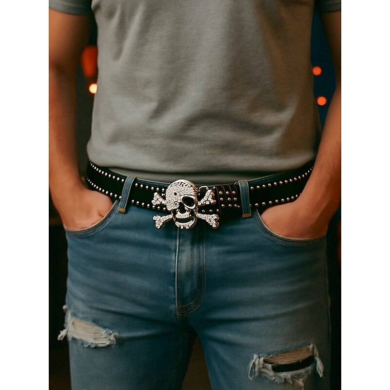Unisex Halloween Skull Belt – Studded Faux Leather Strap with Crystal Skull and Crossbones Buckle – Perfect for Halloween Costumes and Casual Wear