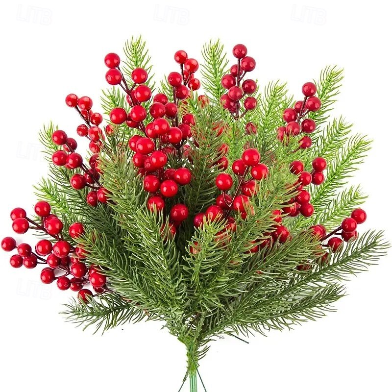 30pcs Christmas Artificial Pine Branches with Holly Red Berries – Christmas Wreath and Tree Decorative Stems for Holiday Decor