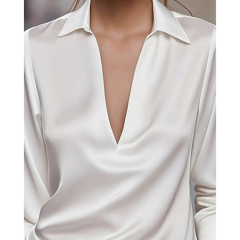 Women's Elegant Dressy Satin Work Shirt Plain Modern Casual Long Sleeve Shirt Collar Regular Tops Daily Holiday Patchwork Black White Wine Dusty Blue Fall2