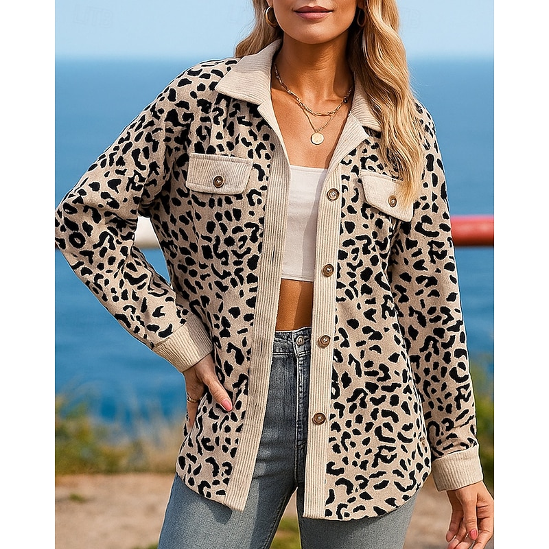 Women's Fall Outfits Shirts Jacket Coats Buttons Long Sleeve Top Athleisure Fall Leopard Fashion Outdoor Travel Sportswear Activewear Pink Blue Beige