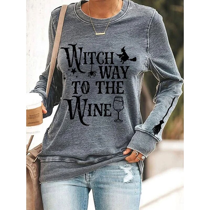 Halloween Women's Pullover Sweatshirt Witch Graphic Letter Casual Long Sleeve Crew Neck Round Neck Regular Tops Street Casual Holiday Print Black Orange Gray Spring Fall Winter2