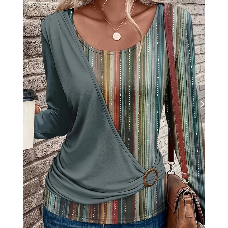 Women's T Shirt Floral Casual Long Sleeve Crew Neck Regular Tops Daily Weekend Patchwork Print Blue Brown Green Fall2