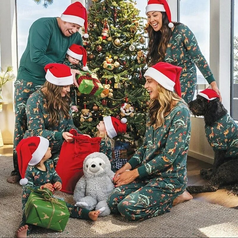 Family Pajamas Christmas Pattern Home Print Dark Green Long Sleeve Active Matching Outfits2