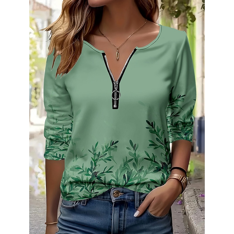 Women's T Shirt Ombre Floral Graphic Elegant Vintage Stylish Long Sleeve V Neck Round Neck Notched Neck Regular Tops Daily Weekend Zipper Print Grass Green Spring Fall Winter
